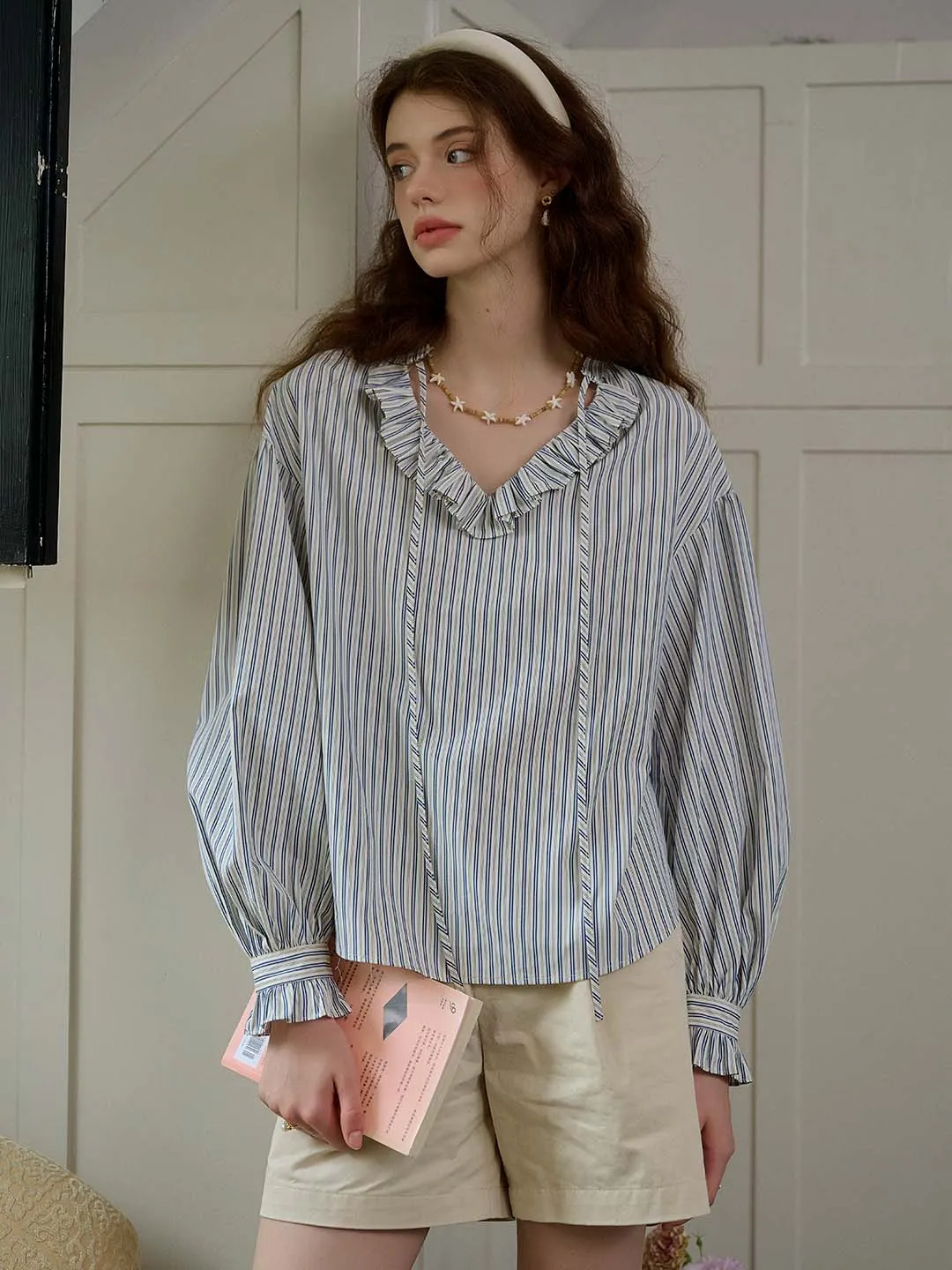 Amalia Trimmed Lace-up V-neck Striped Trimmed Sleeves Blouse