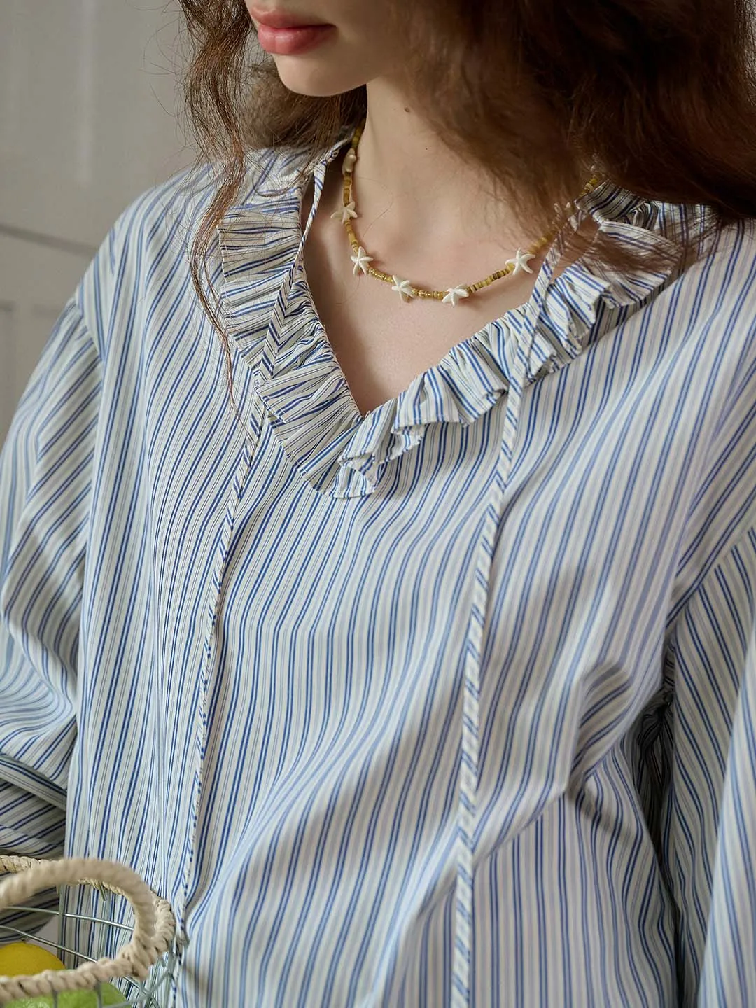 Amalia Trimmed Lace-up V-neck Striped Trimmed Sleeves Blouse