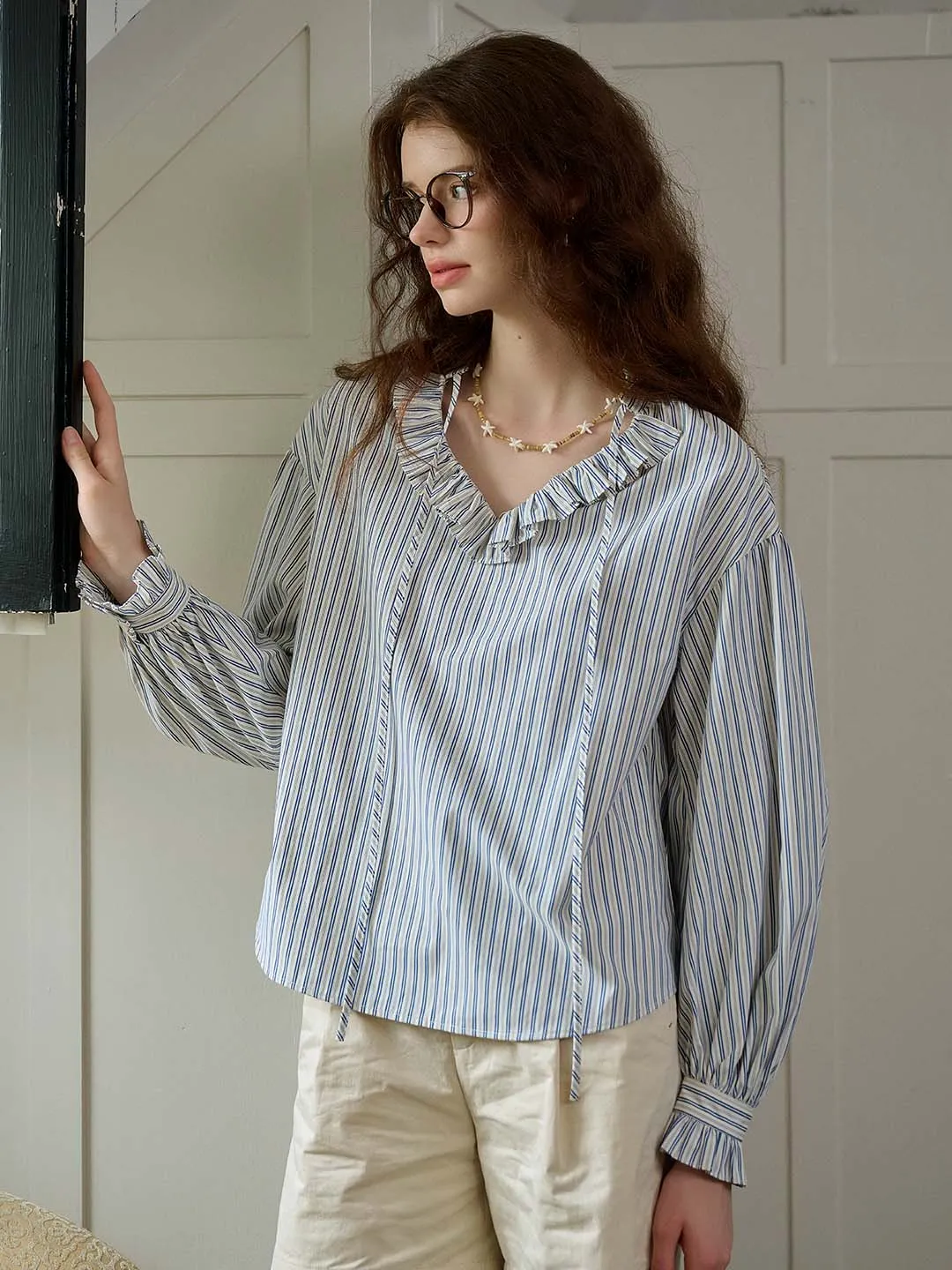 Amalia Trimmed Lace-up V-neck Striped Trimmed Sleeves Blouse