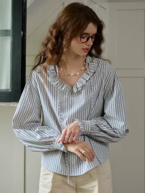 Amalia Trimmed Lace-up V-neck Striped Trimmed Sleeves Blouse