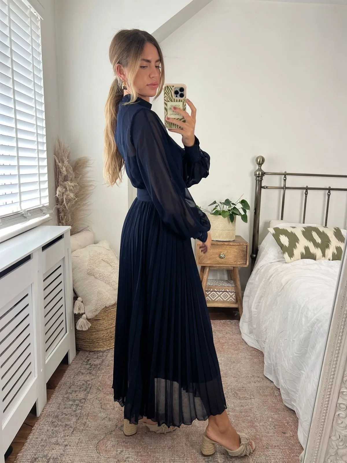 Angelina High Neck Pleated Dress / Navy