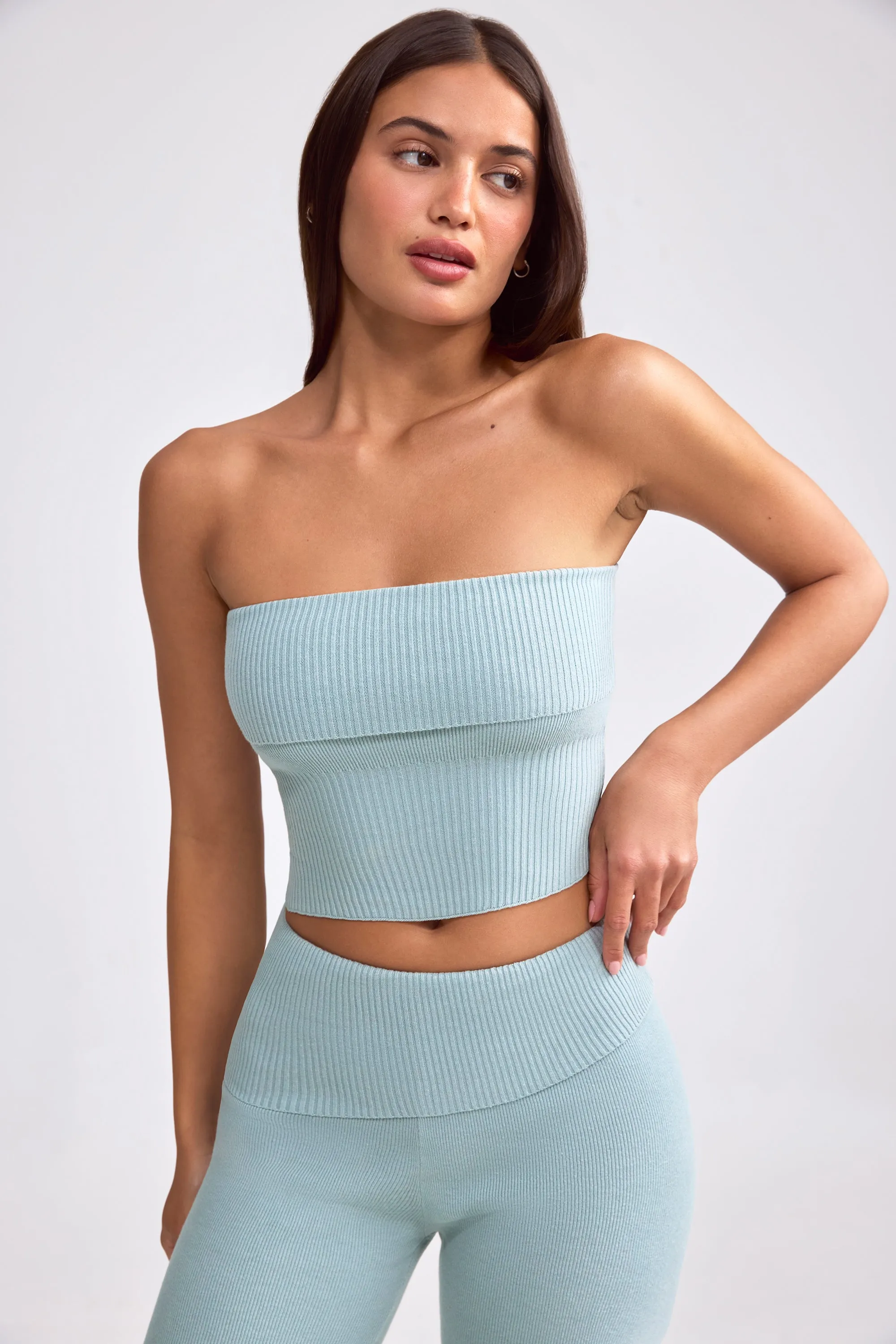 Bandeau Chunky Knit Crop Top in Dusty Teal