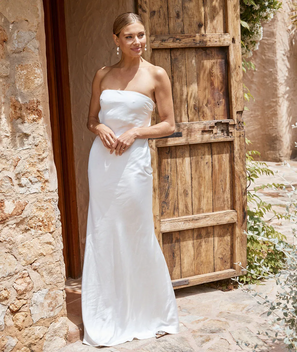 Bandeau Cowl Back Satin Maxi Dress - White