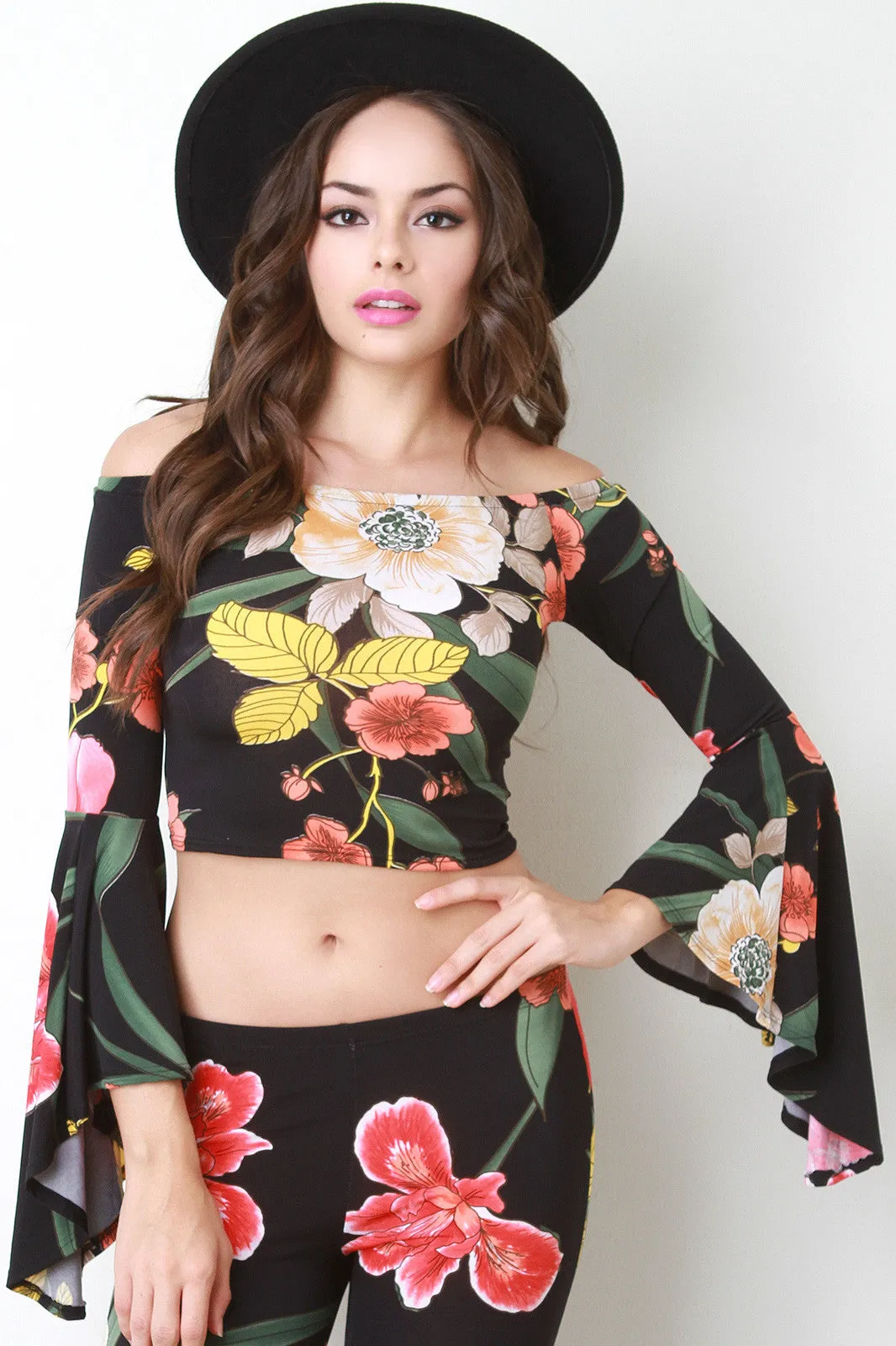 Bardot Bell Sleeve Floral Crop Top