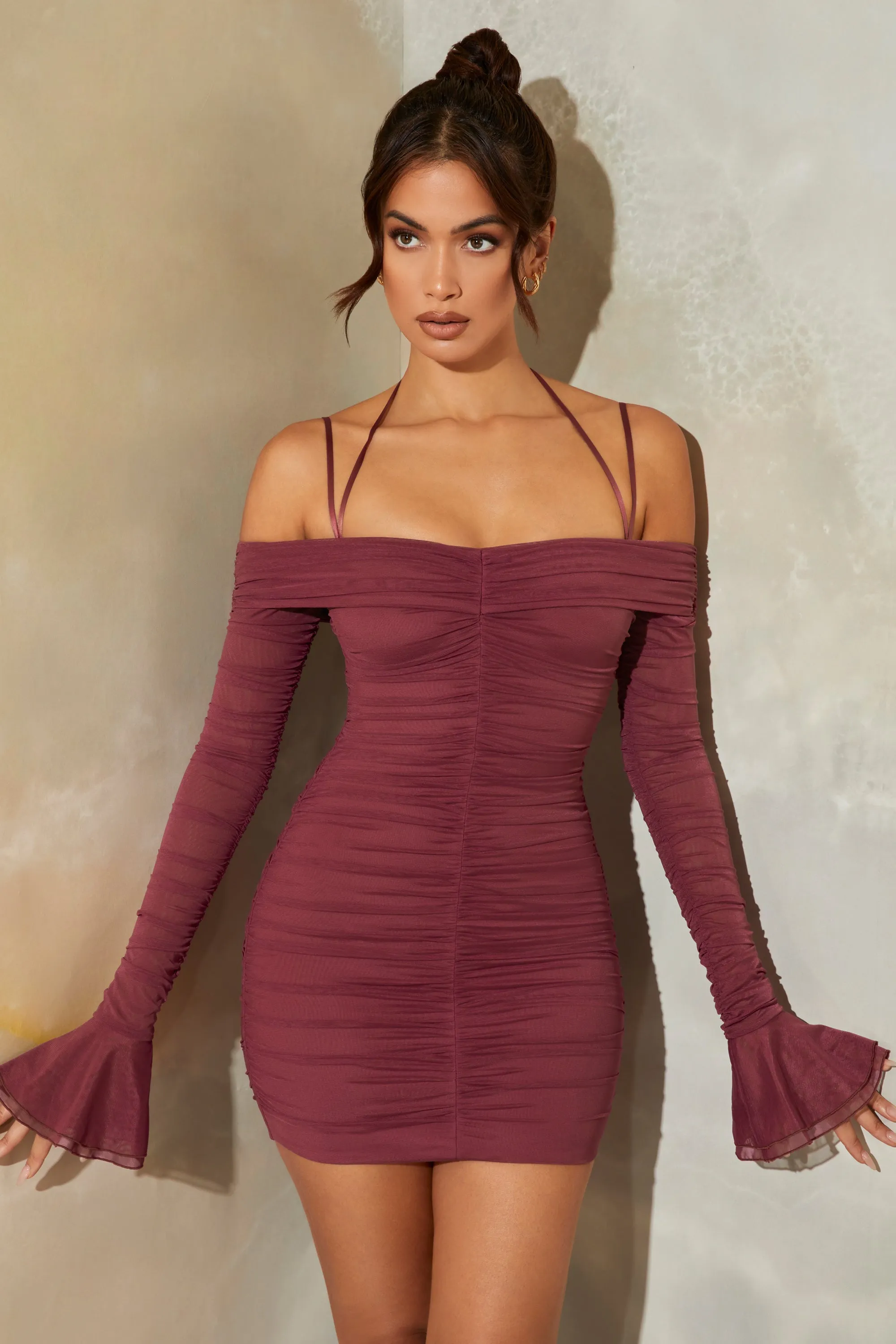 Bardot Long Sleeve Ruched Mini Dress in Dark Mauve