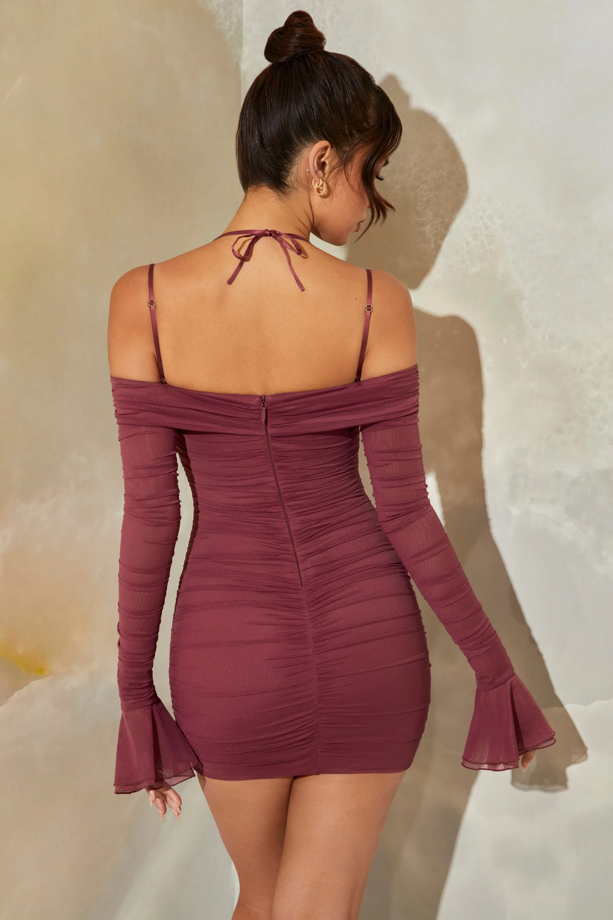 Bardot Long Sleeve Ruched Mini Dress in Dark Mauve