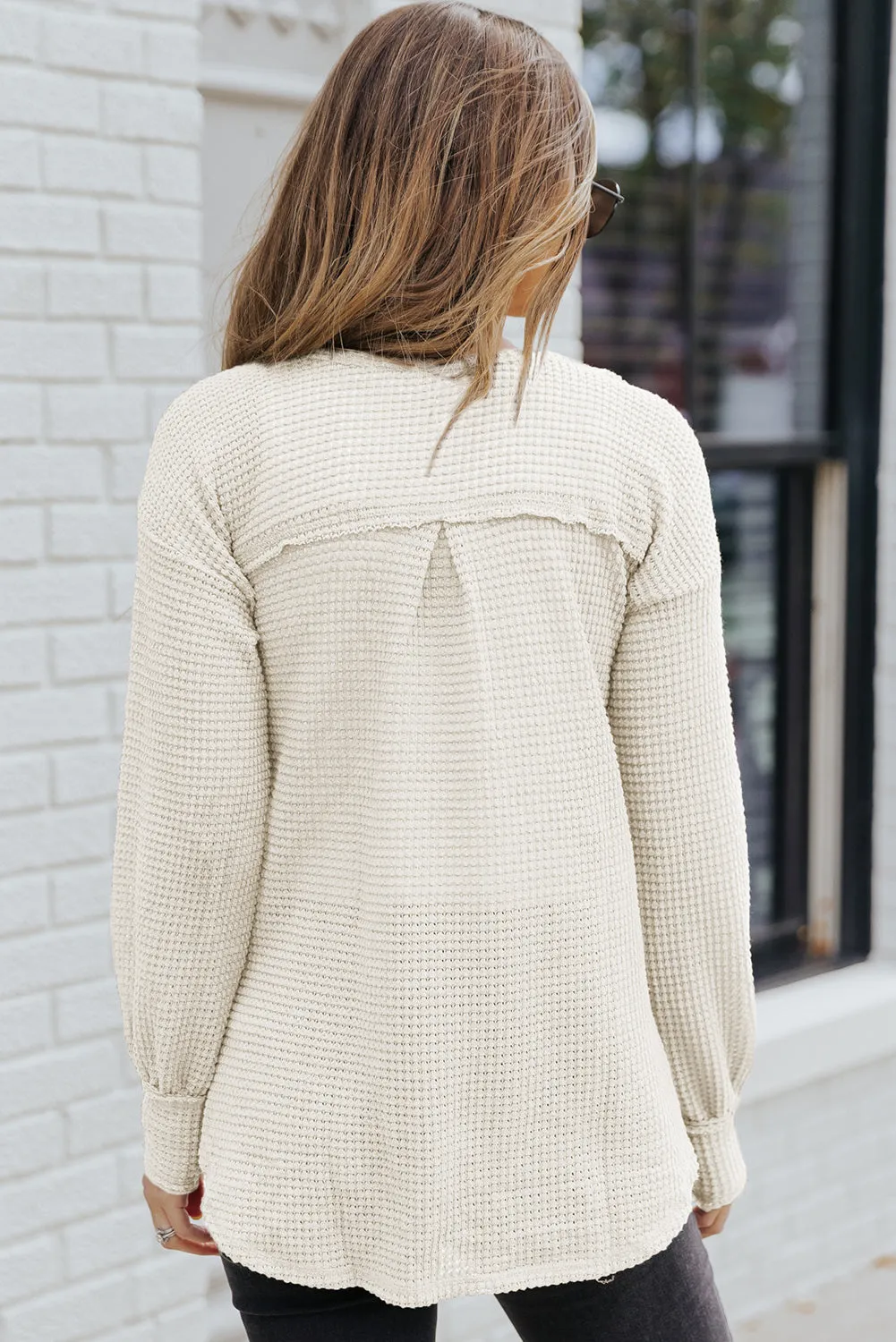 Beige Waffle Knit Split Neck Pocketed Loose Top