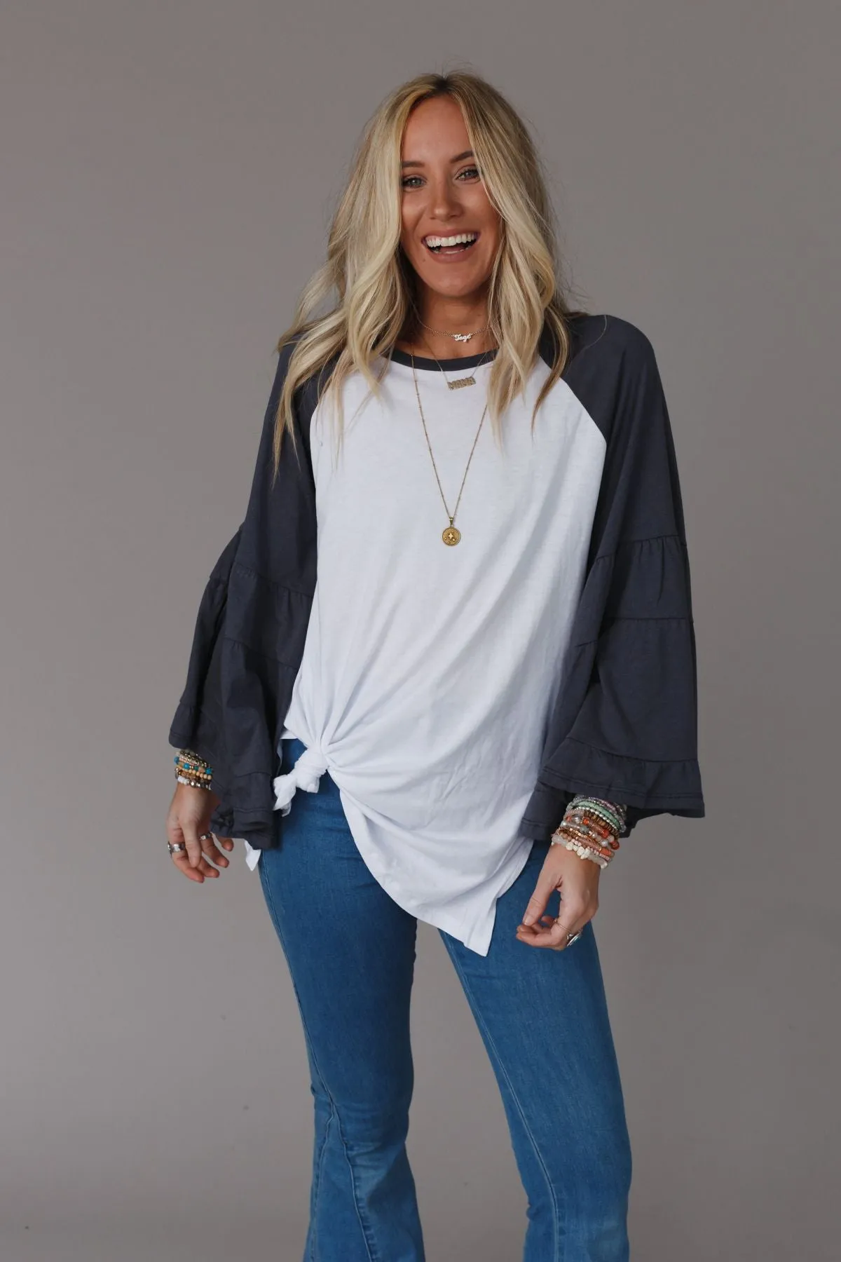 Bell Sleeve Baseball Tee - Charcoal