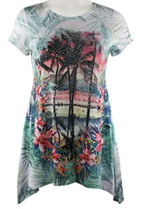 Big Bang Clothing Company - Palm Flower, Cap Sleeve Rhinestone Print Top