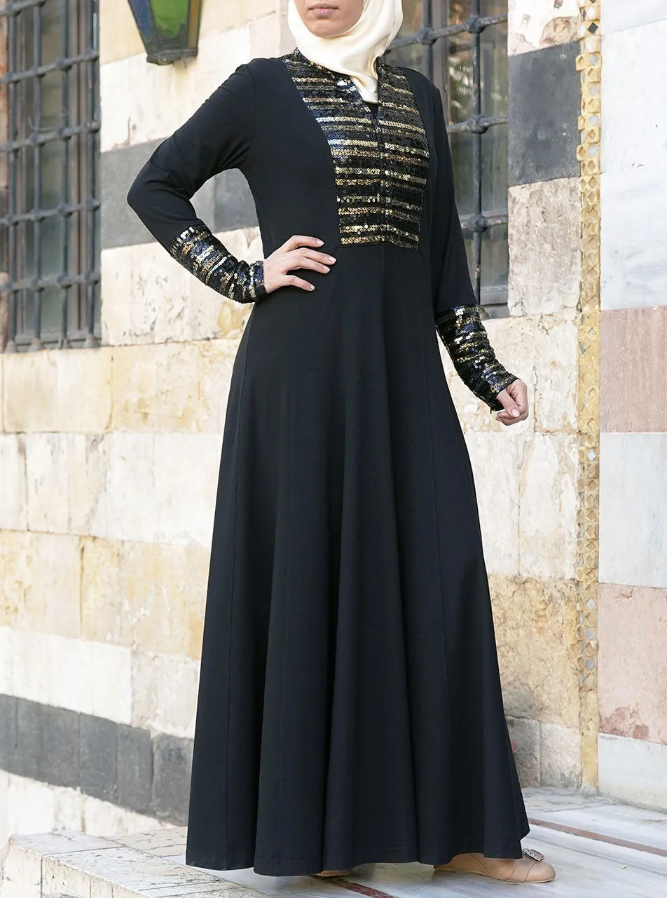 Black and Gold Sequin Abaya Gown