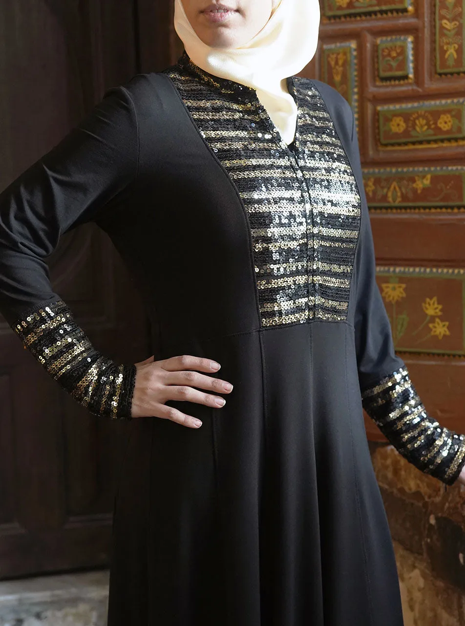 Black and Gold Sequin Abaya Gown