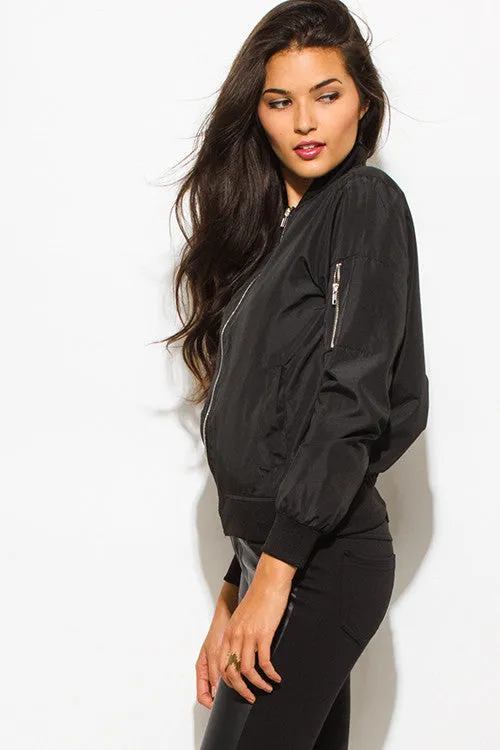 BLACK BANDED CROPPED WITH SILVER ZIPPER BOMBER JACKET