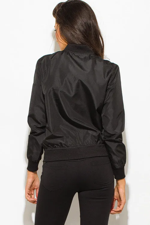 BLACK BANDED CROPPED WITH SILVER ZIPPER BOMBER JACKET