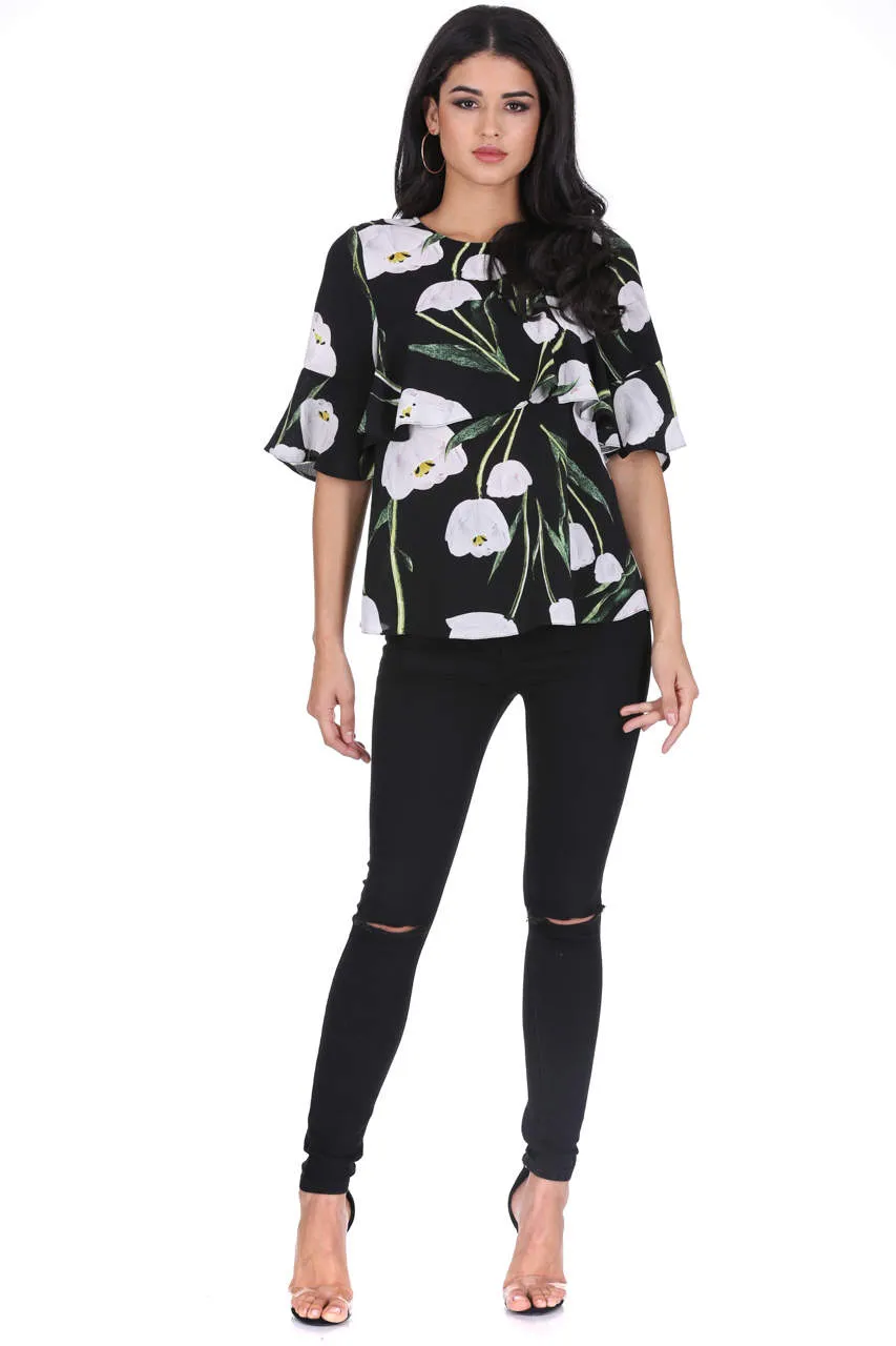 Black Floral Midi Sleeve Top