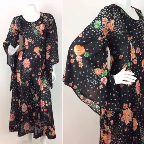 BLACK GREEN ORANGE VTG 70S FLARE SLEEVE MAXI DRESS 10 12