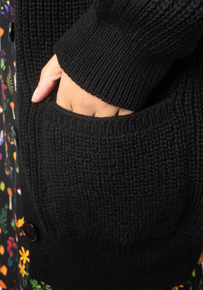 Black Long Line Cable Sleeve Cardigan