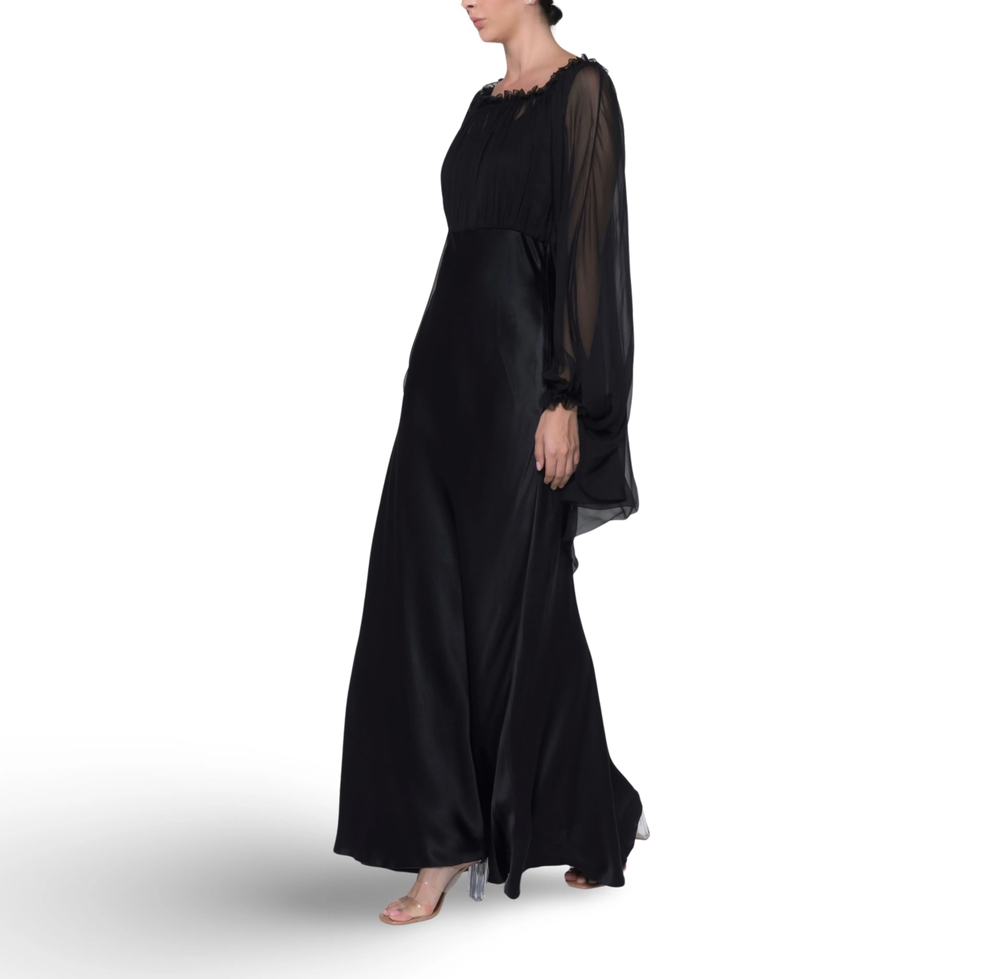 Black Satin Long Sleeve Gown