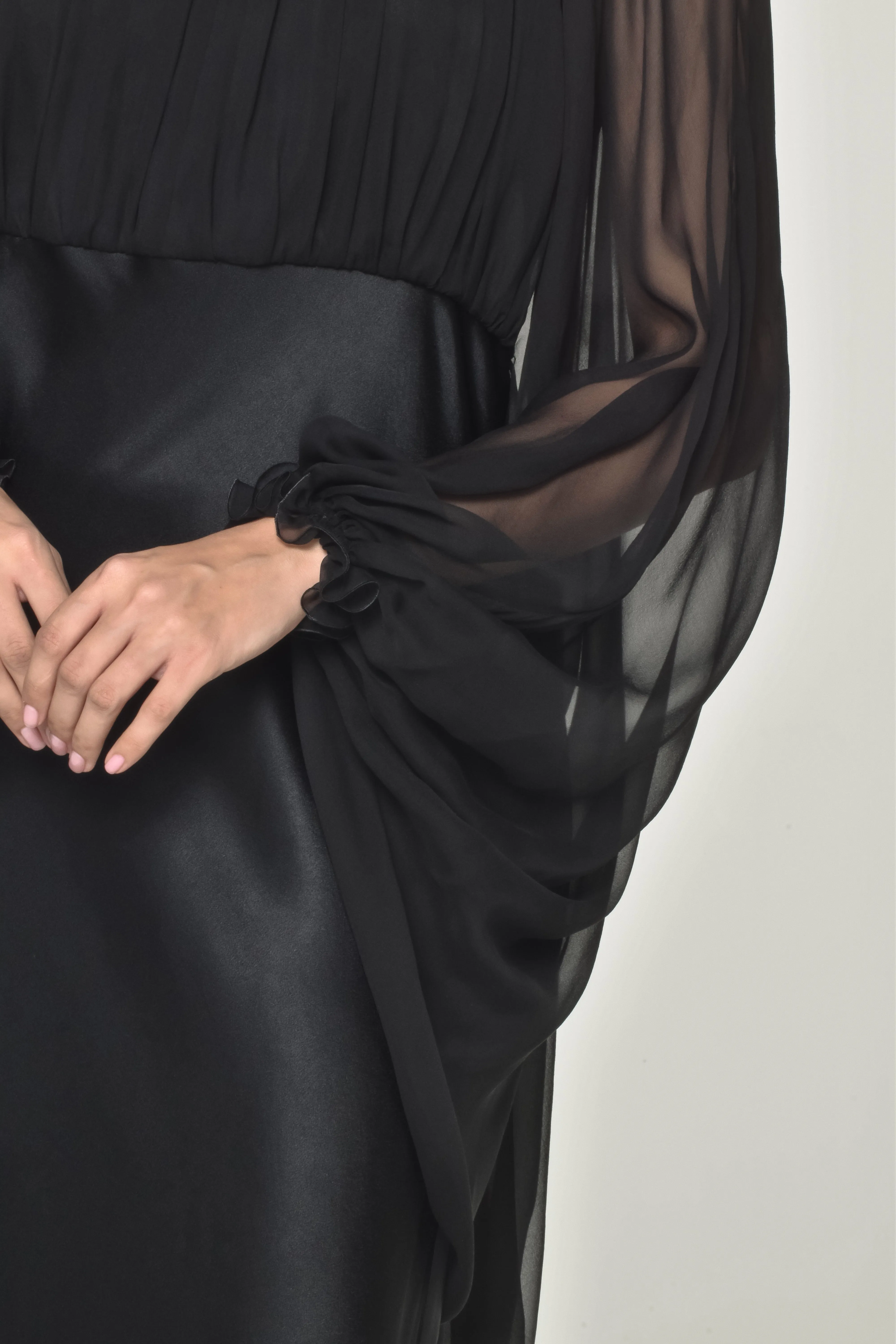 Black Satin Long Sleeve Gown