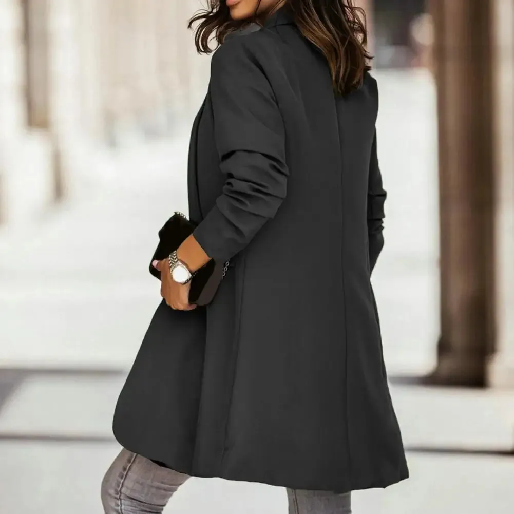 Blazer Office Lapel Cardigan Long Sleeves Mid-Length Oversized Women Autumn Winter Solid Color Suit Coat