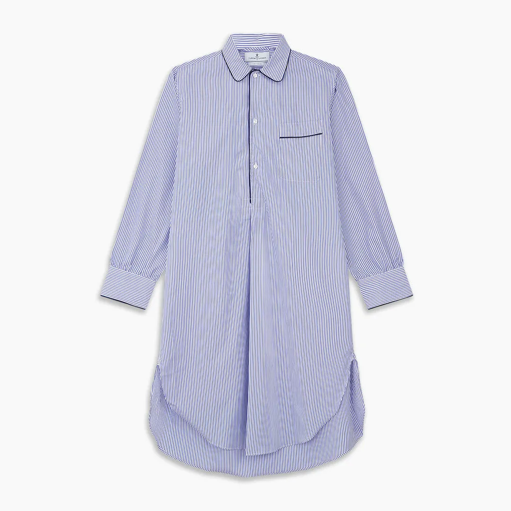 Blue Bengal Stripe Piped Cotton Nightshirt