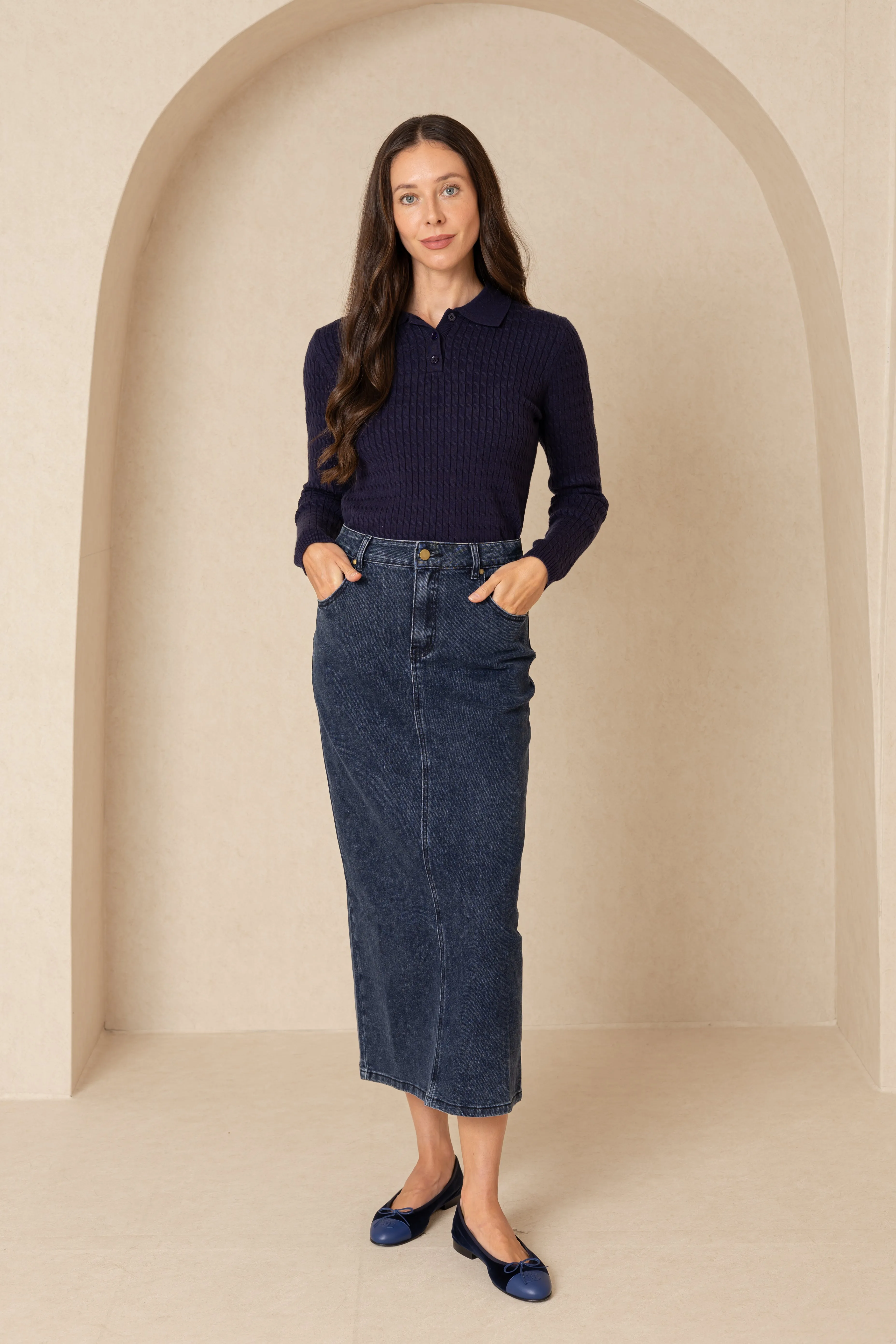 Blue Denim Zipper Slit Maxi Skirt