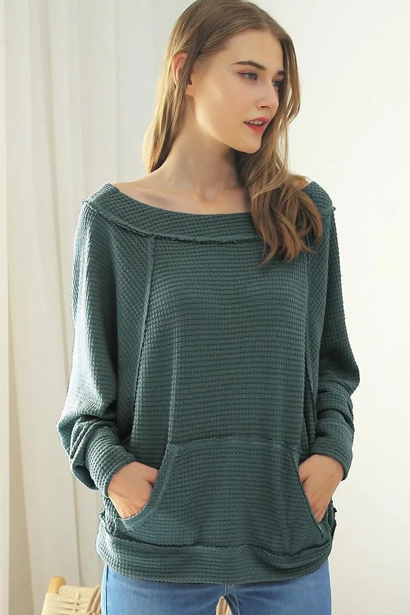 BOAT NECK POCKETED PULLOVER SWEATER KNIT TOP