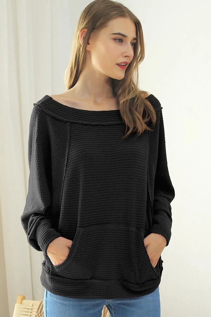 BOAT NECK POCKETED PULLOVER SWEATER KNIT TOP