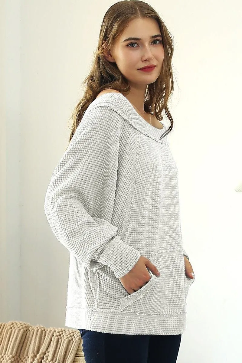 BOAT NECK POCKETED PULLOVER SWEATER KNIT TOP