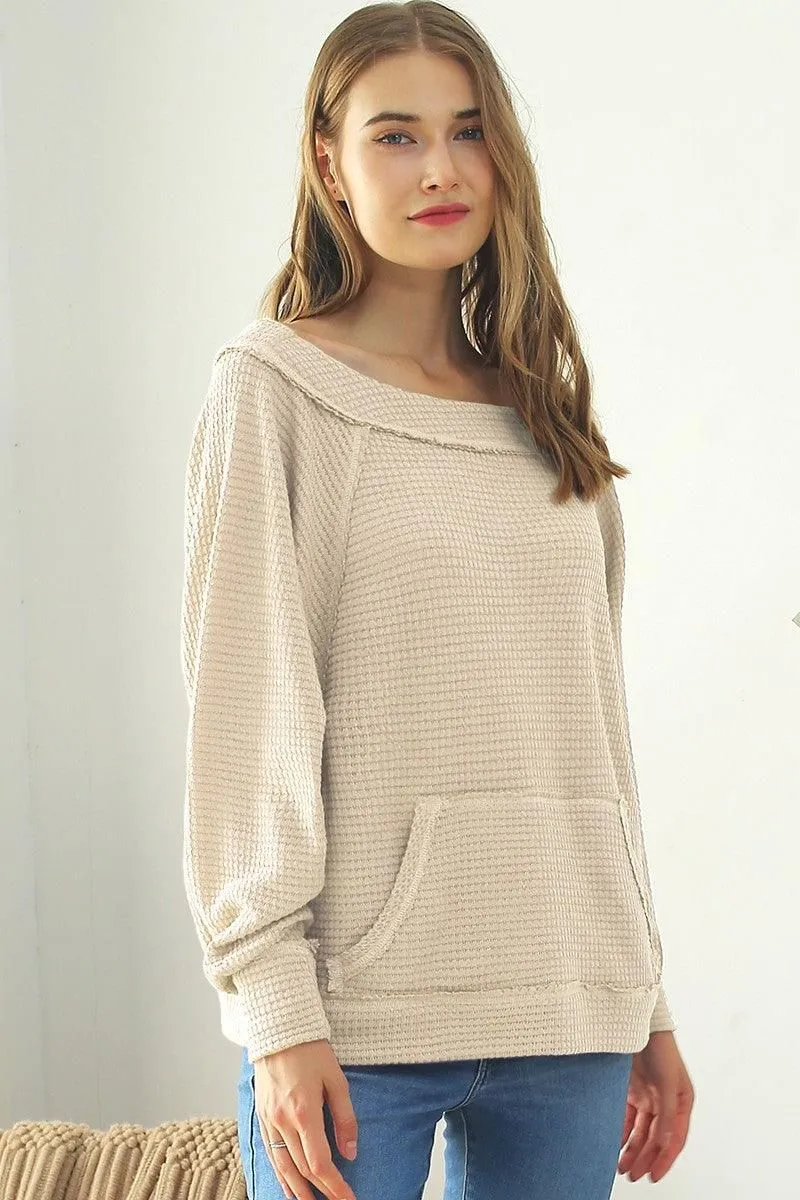 BOAT NECK POCKETED PULLOVER SWEATER KNIT TOP