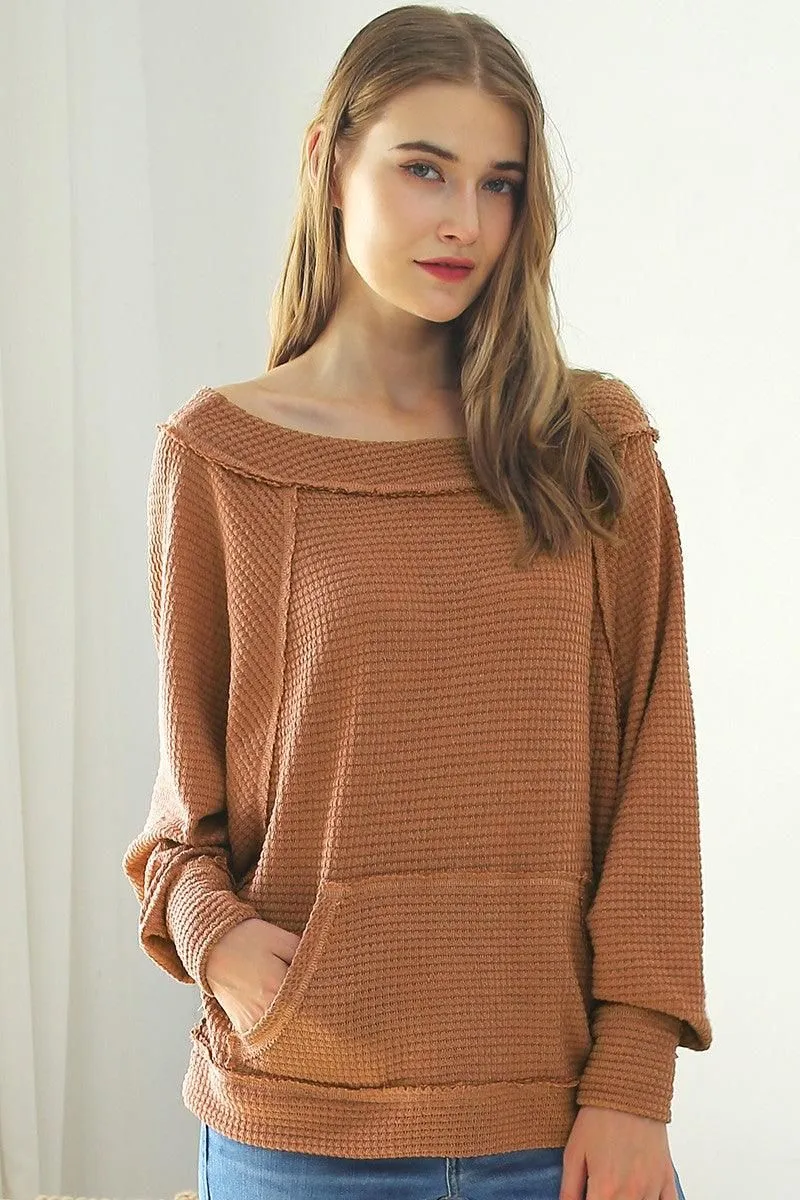 BOAT NECK POCKETED PULLOVER SWEATER KNIT TOP