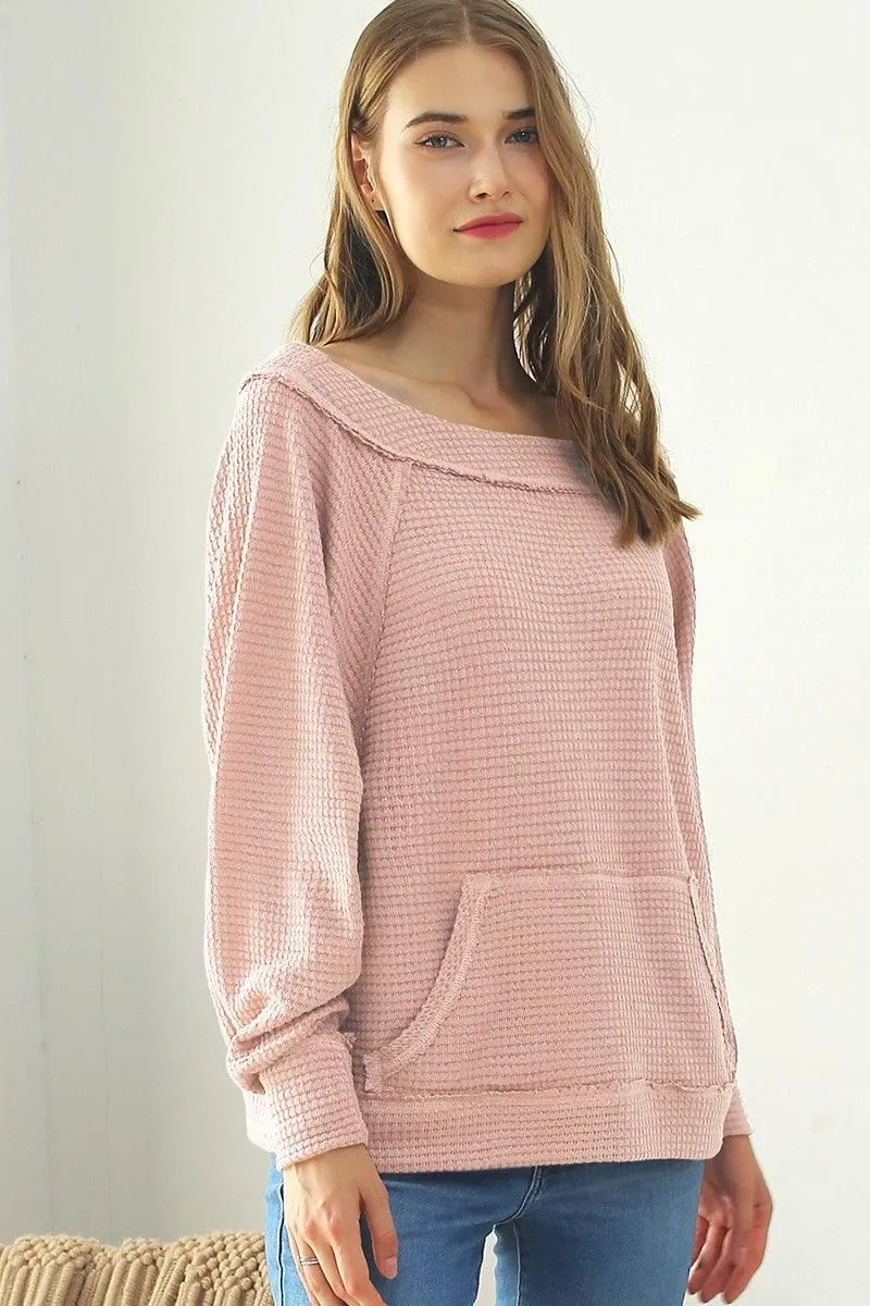 BOAT NECK POCKETED PULLOVER SWEATER KNIT TOP