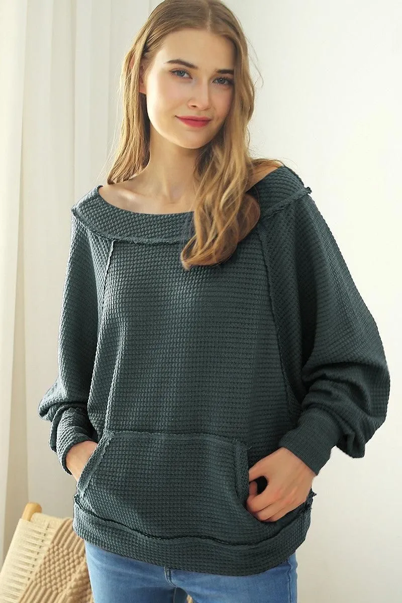 BOAT NECK POCKETED PULLOVER SWEATER KNIT TOP