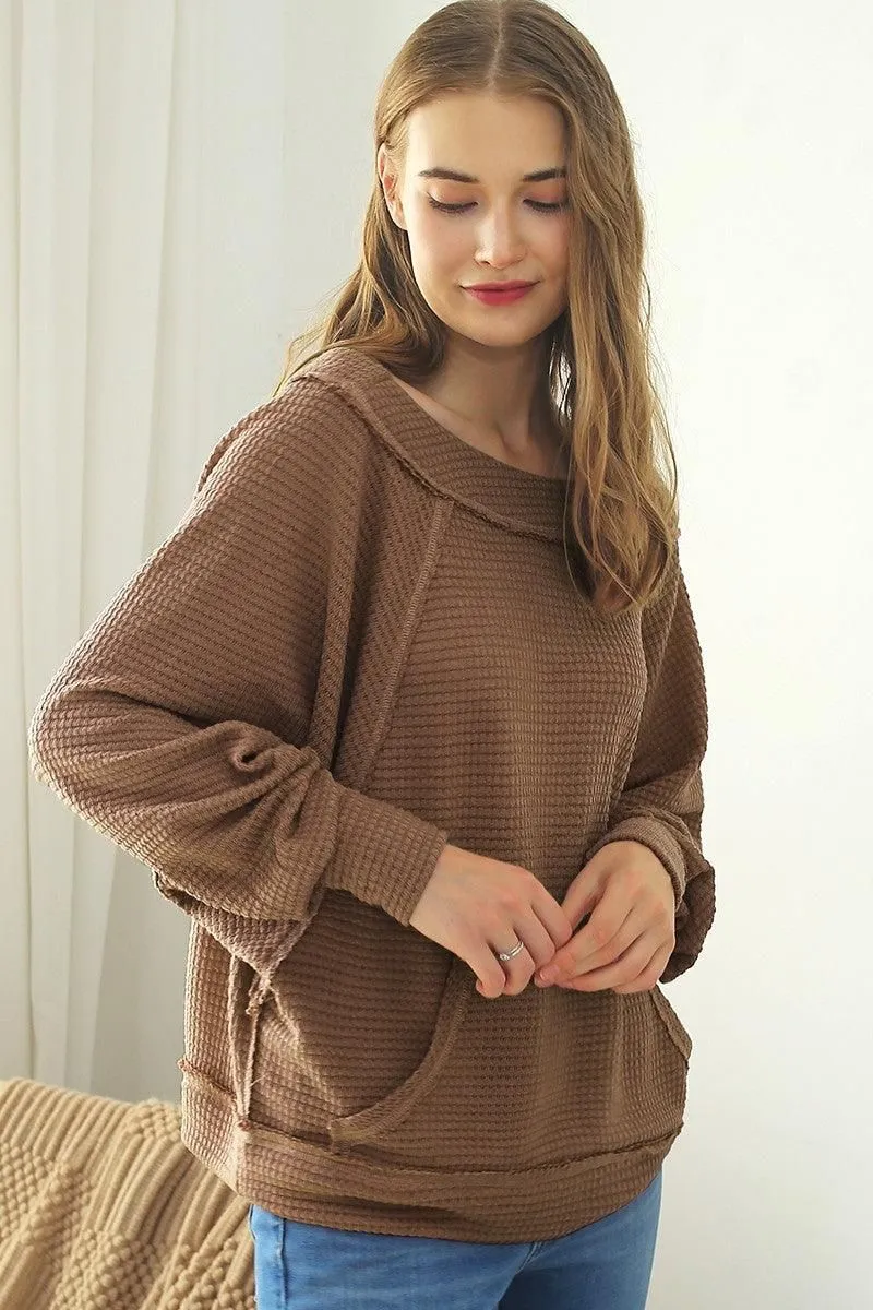 BOAT NECK POCKETED PULLOVER SWEATER KNIT TOP