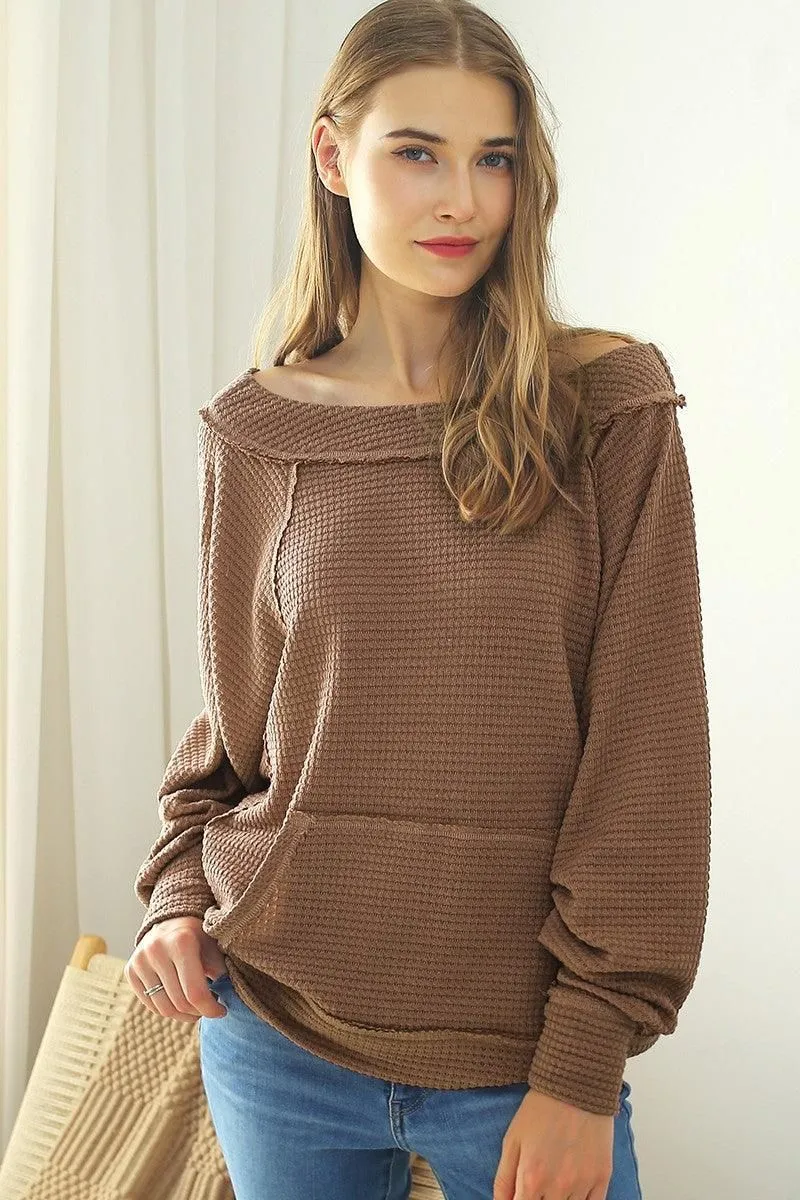 BOAT NECK POCKETED PULLOVER SWEATER KNIT TOP