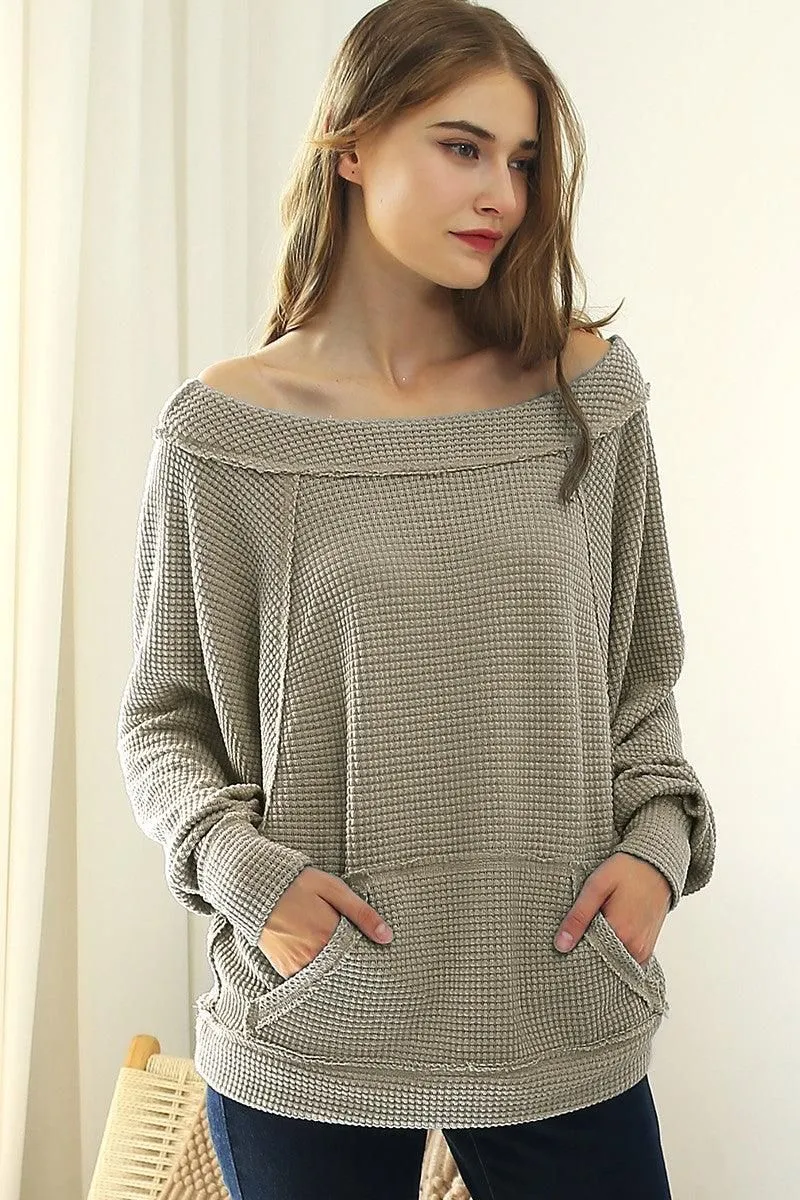 BOAT NECK POCKETED PULLOVER SWEATER KNIT TOP