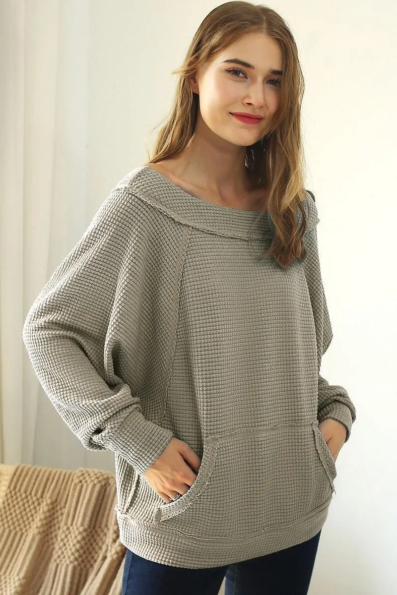 BOAT NECK POCKETED PULLOVER SWEATER KNIT TOP