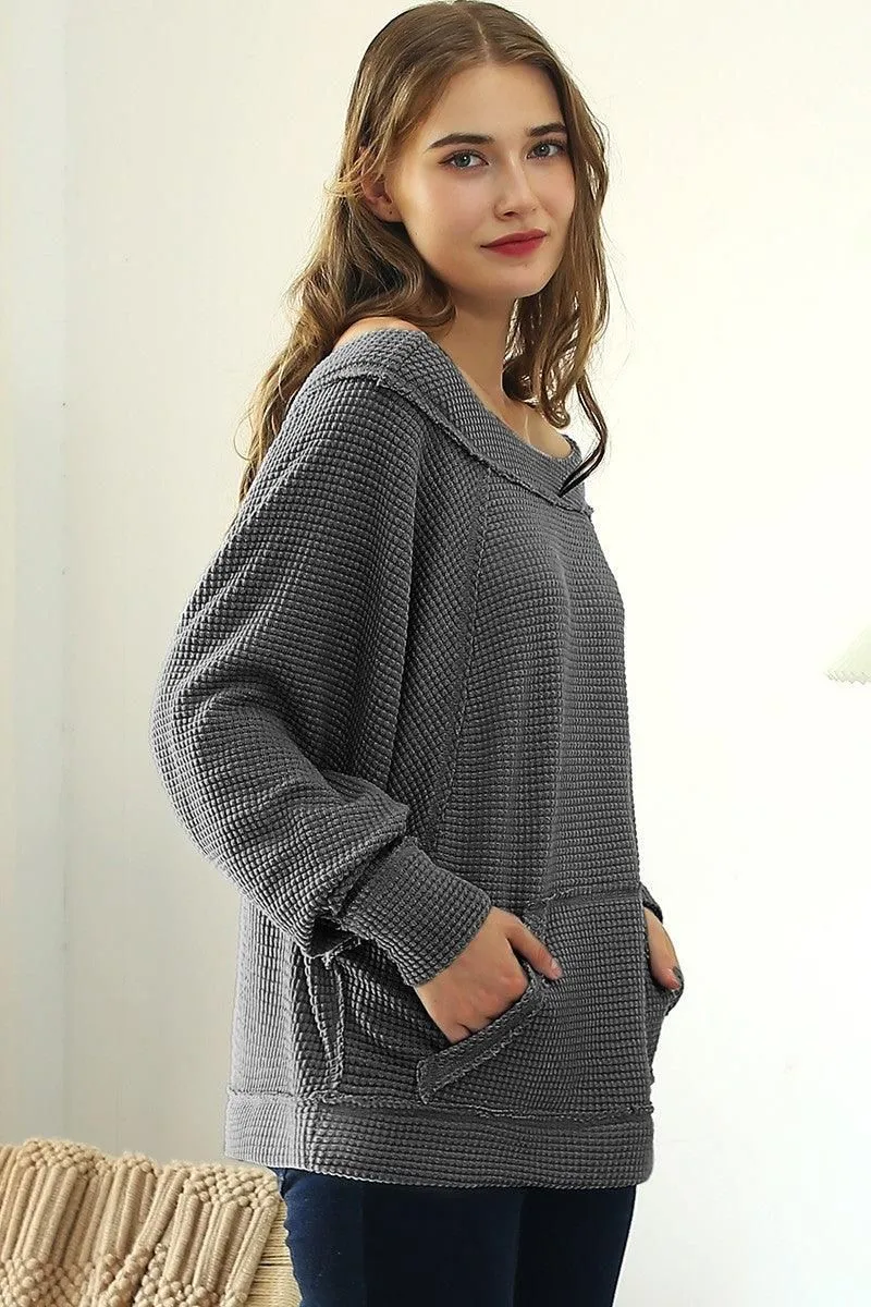 BOAT NECK POCKETED PULLOVER SWEATER KNIT TOP