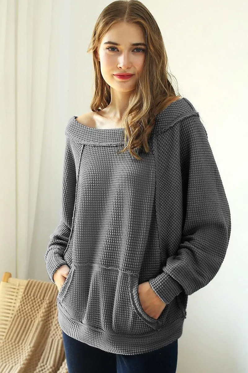 BOAT NECK POCKETED PULLOVER SWEATER KNIT TOP