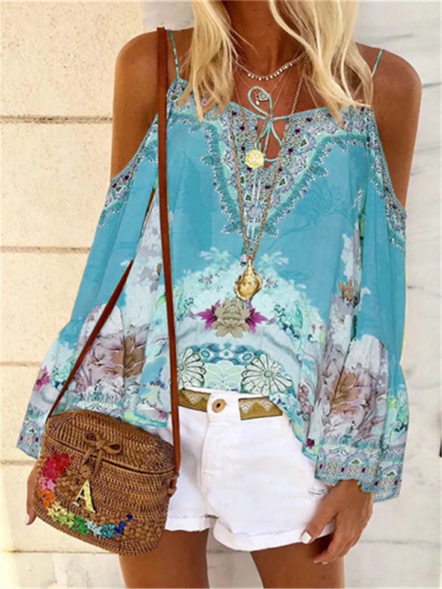 Boho Flower Print Sling Vest Flare Sleeve Casual Top