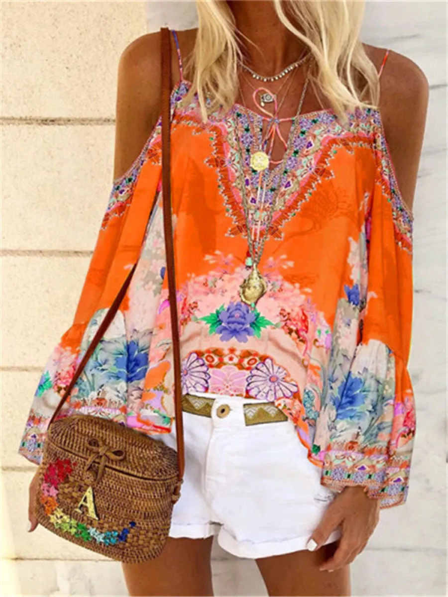 Boho Flower Print Sling Vest Flare Sleeve Casual Top