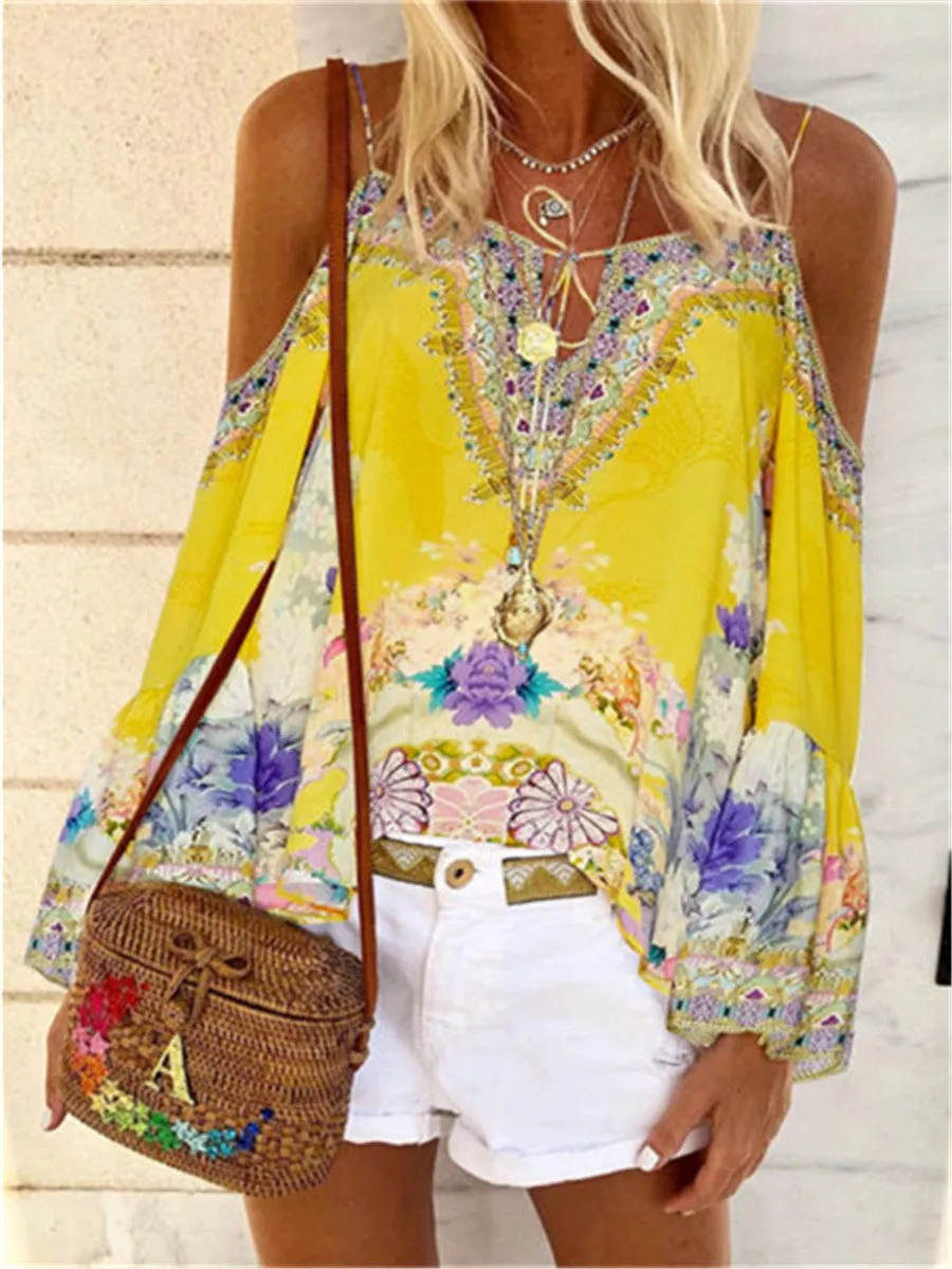 Boho Flower Print Sling Vest Flare Sleeve Casual Top