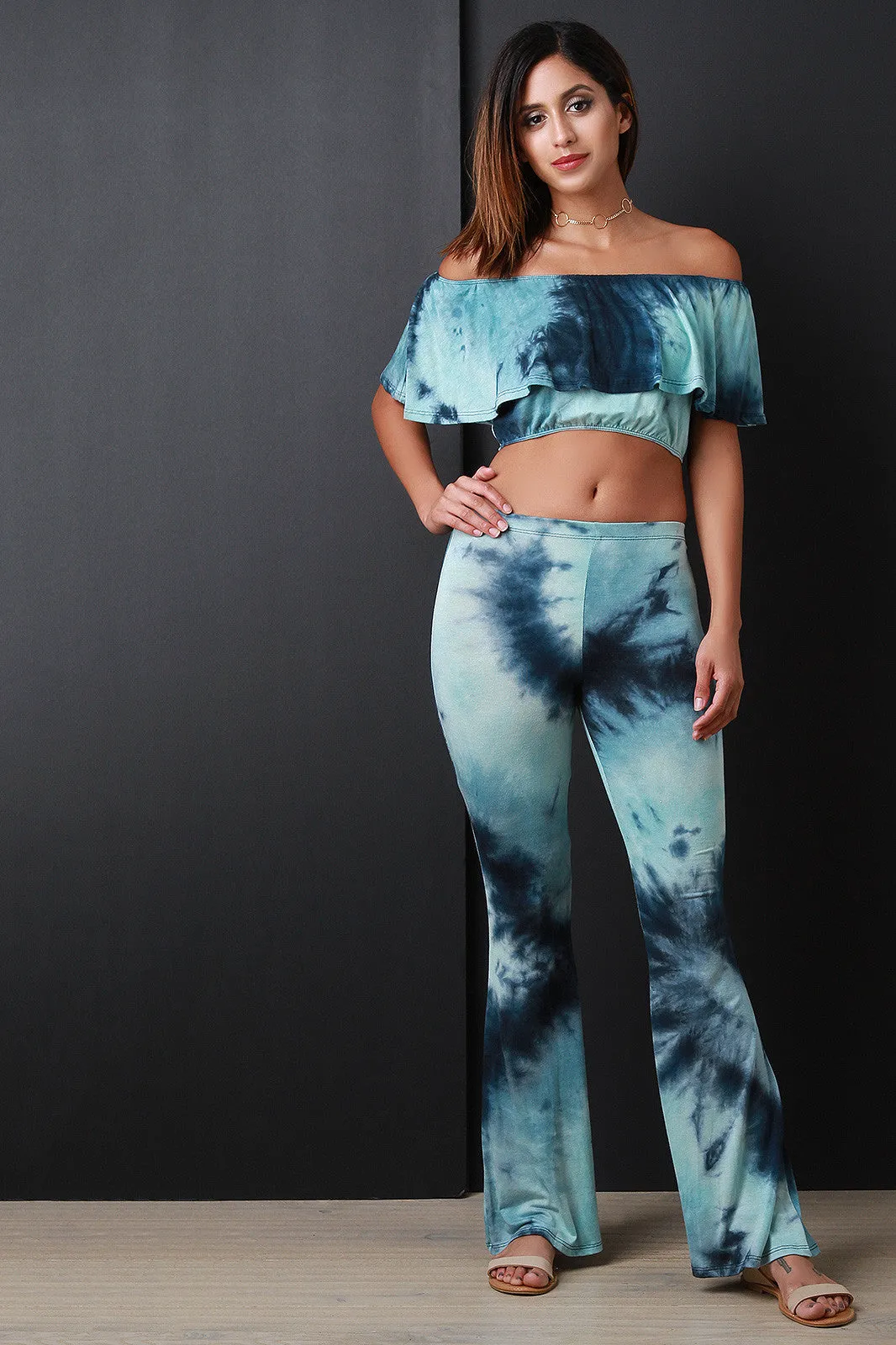 Boho Tie Dye Ruffle Off-The-Shoulder Crop Top