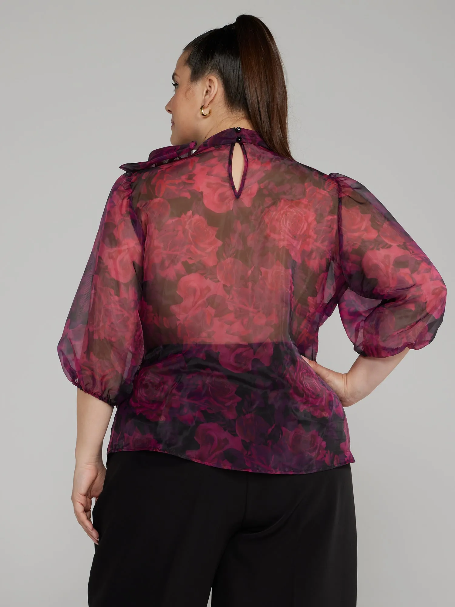 Bow Detail Floral Print Sheer Blouse