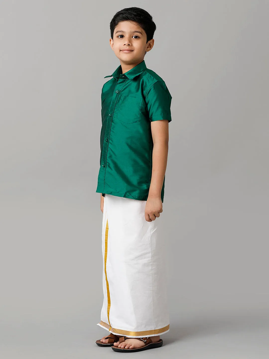 Boys Silk Cotton Green Half Sleeves Shirt with Adjustable White Dhoti Combo K9