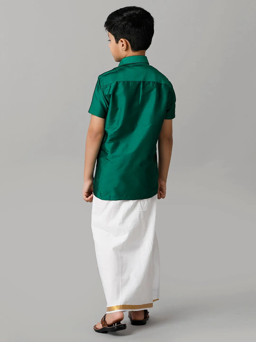 Boys Silk Cotton Green Half Sleeves Shirt with Adjustable White Dhoti Combo K9