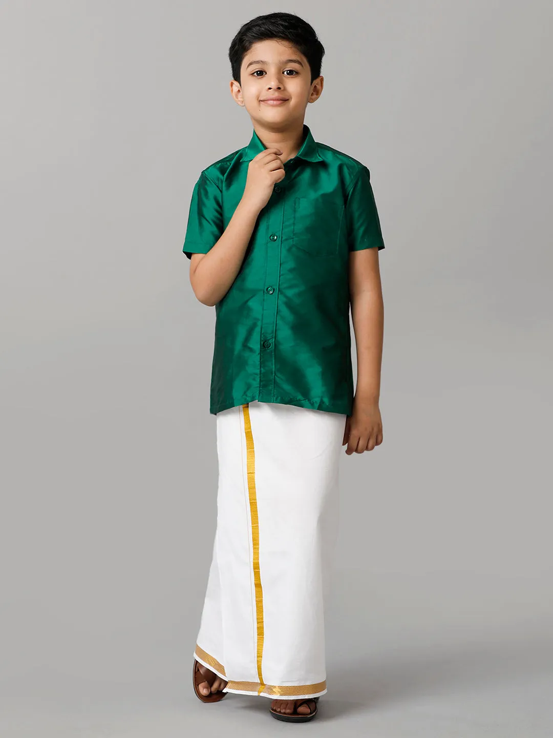 Boys Silk Cotton Green Half Sleeves Shirt with Adjustable White Dhoti Combo K9