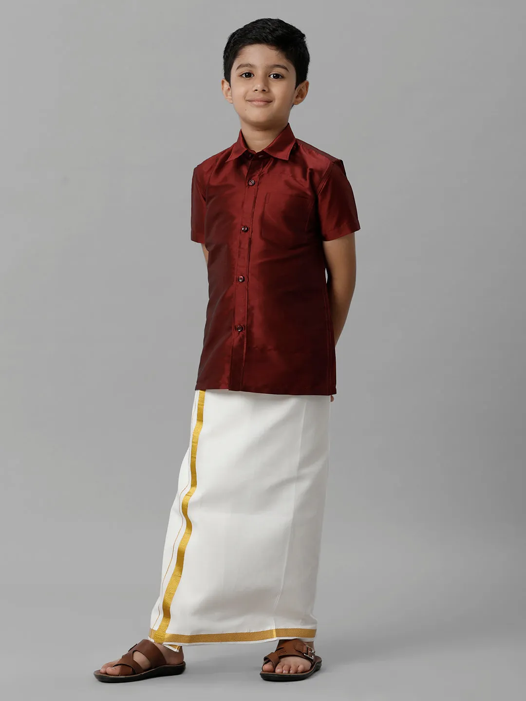 Boys Silk Cotton Maroon Half Sleeves Shirt with Adjustable Cream Dhoti Combo K7