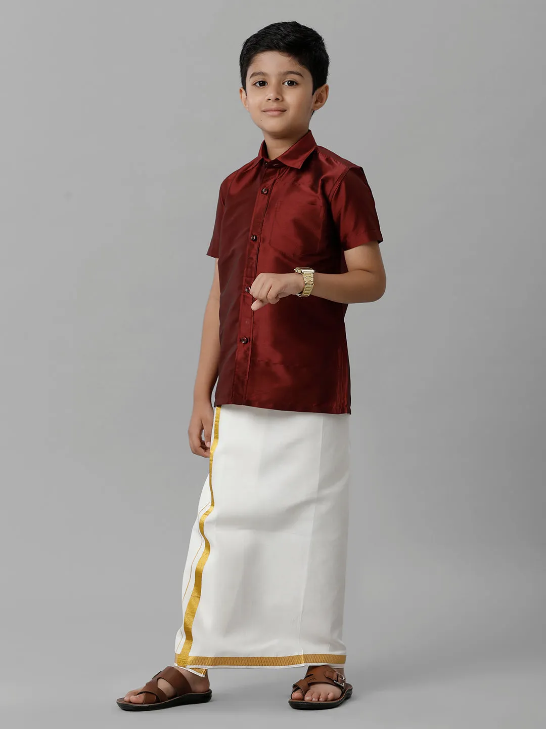 Boys Silk Cotton Maroon Half Sleeves Shirt with Adjustable Cream Dhoti Combo K7