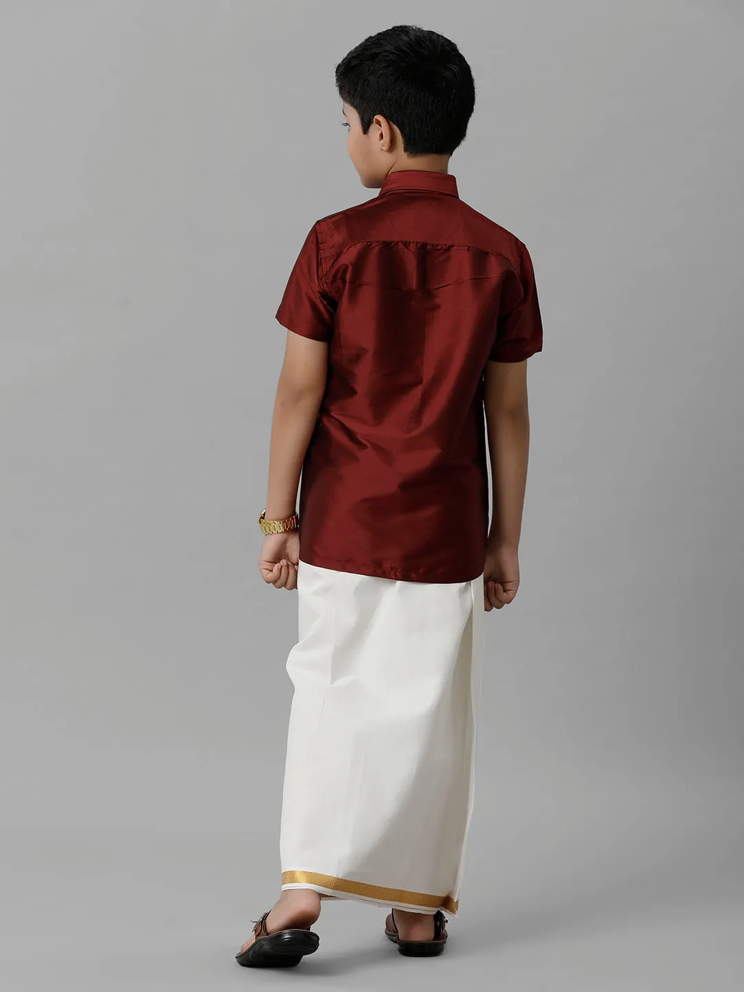 Boys Silk Cotton Maroon Half Sleeves Shirt with Adjustable Cream Dhoti Combo K7