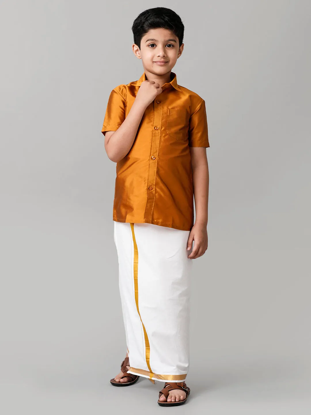 Boys Silk Cotton Mustard Half Sleeves Shirt with Adjustable White Dhoti Combo K37